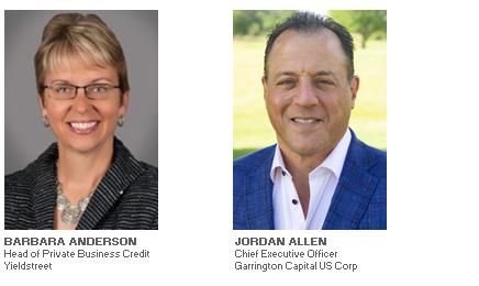 Photos of Barbara Anderson - Head of Private Business Credit at Yieldstreet and Jordan Allen - Chief Executive Officer of Garrington Capital US Corp discussing Equipment Finance Advisor